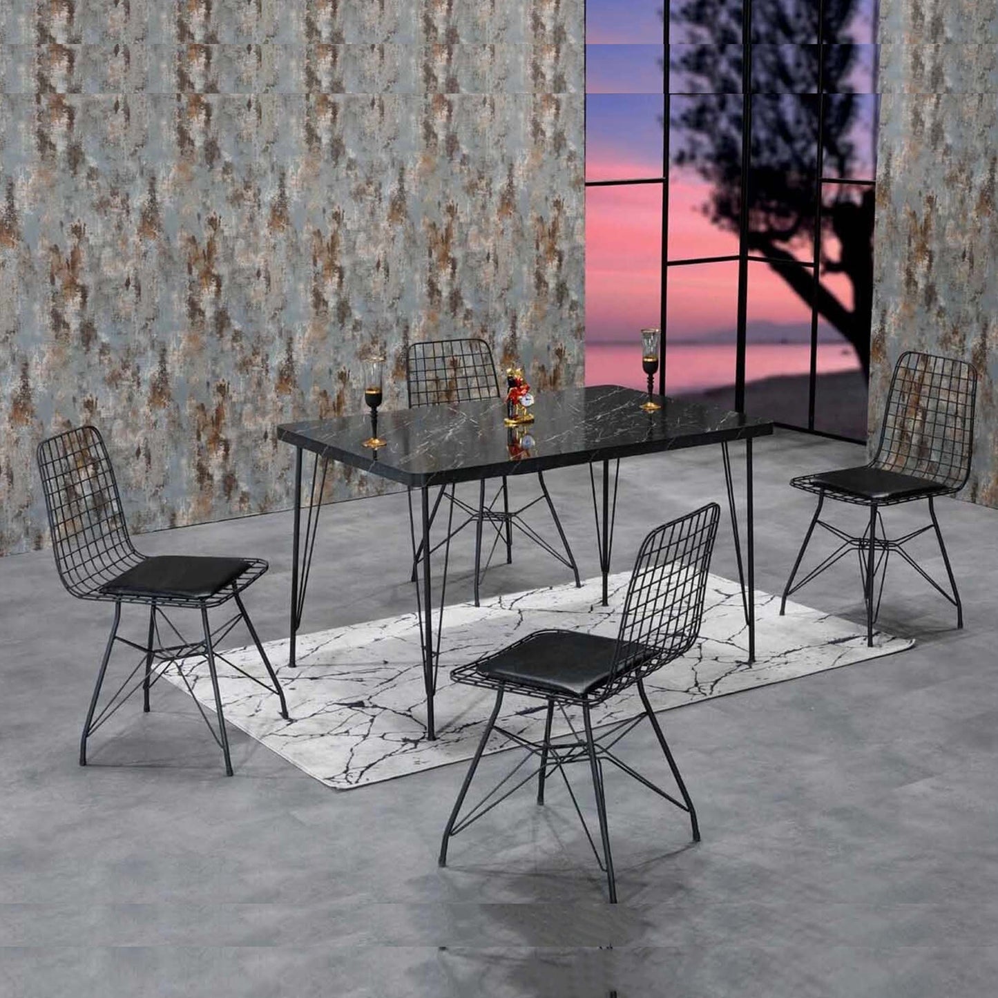 Rozalin 4-Person Black Marble Look Metal dinning Table Set With Black Wire Chairs 80X120 CM (ZS4-148)
