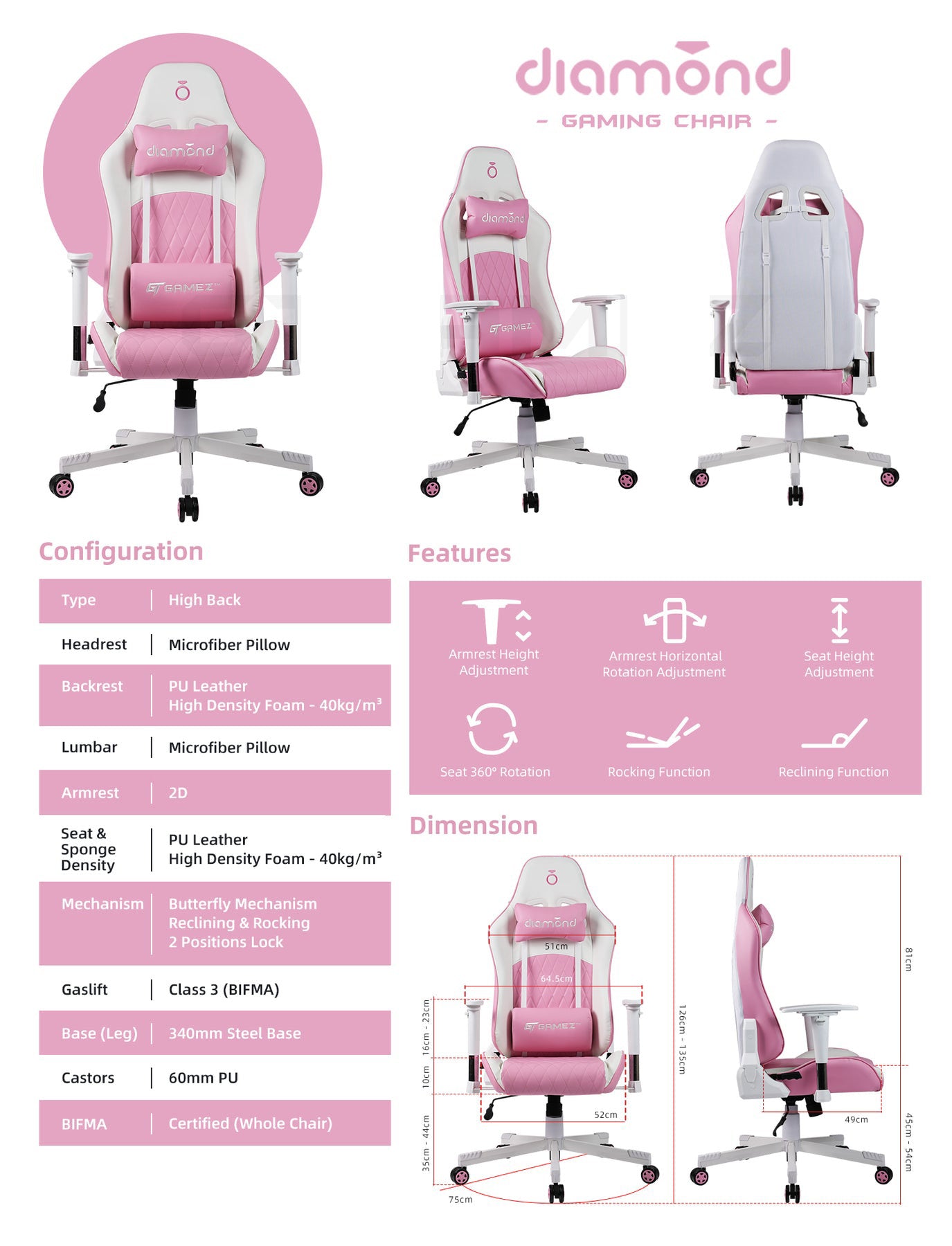 Gaming Chair with Ergonomic Design / Support Pillows  Pink (126-135CM x 64.5CM x 75CM)