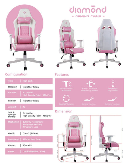 Gaming Chair with Ergonomic Design / Support Pillows  Pink (126-135CM x 64.5CM x 75CM)