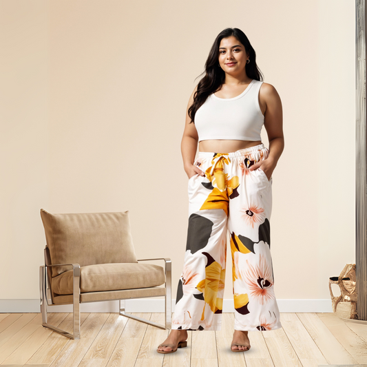 Yellow White Printed Palazzo Pants for Women in Lightweight Rayon