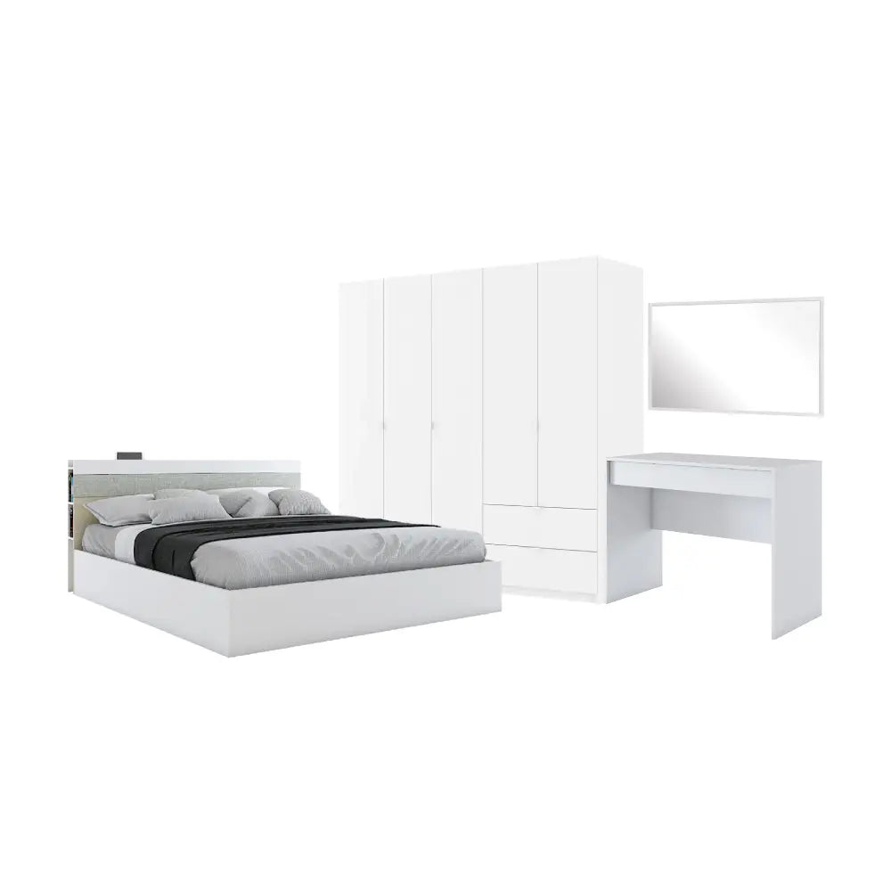 ORGANO+VITA Bedroom Set 5 ft. (Bed, 5D.Wardrobe, D-Table, Mirror) - White