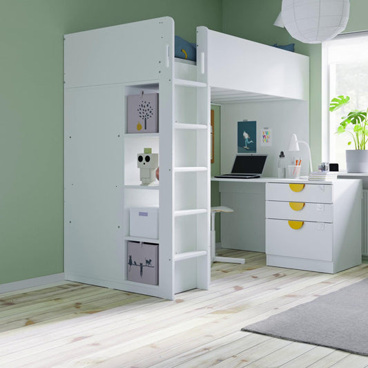 SMASTAD Loft bed, white blackboard surface/with desk with 3 drawers, 90x200 cm