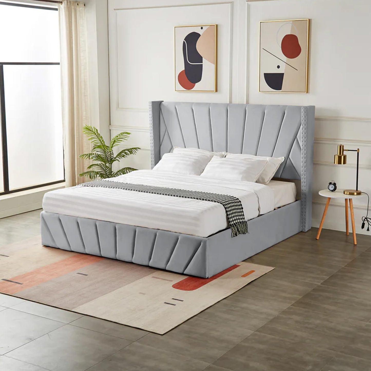Queen Size velvet fabric Storage Bed- Light Grey (152*190)