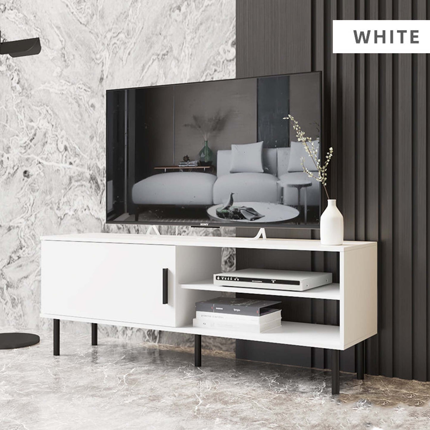 TV Cabinet With 1 Door 2 Open Storage - White