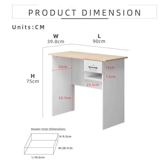 3FT Writing Table/Desk with 1 Locker Natural Oak + White Colour (L90cm x W40cm x H75cm)