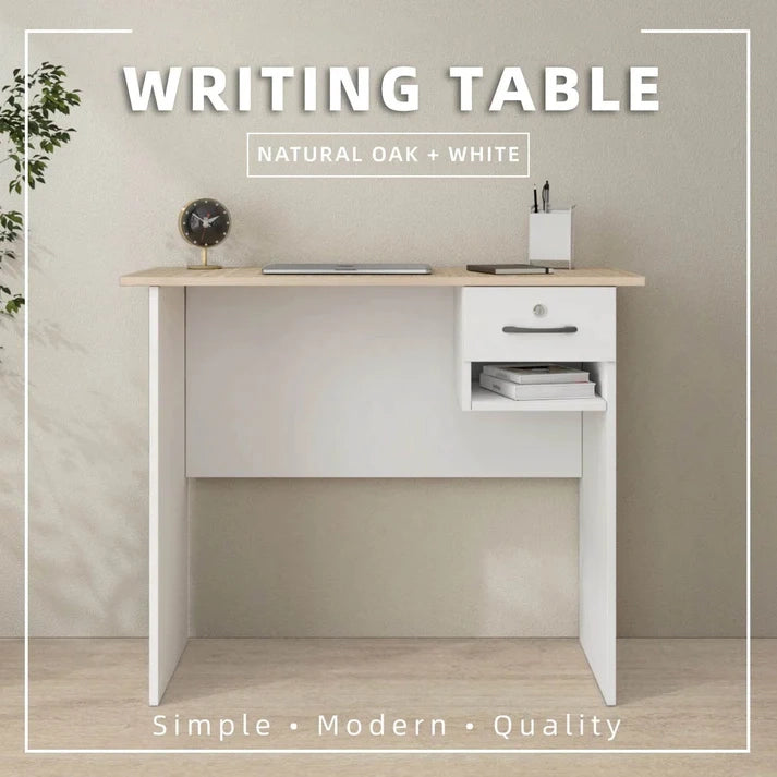 3FT Writing Table/Desk with 1 Locker Natural Oak + White Colour (L90cm x W40cm x H75cm)