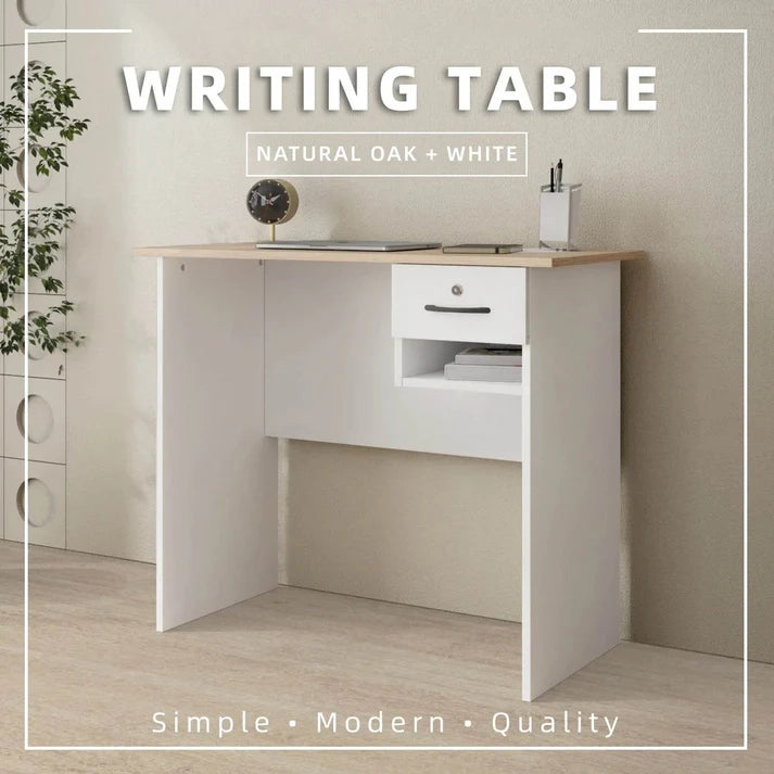 3FT Writing Table/Desk with 1 Locker Natural Oak + White Colour (L90cm x W40cm x H75cm)