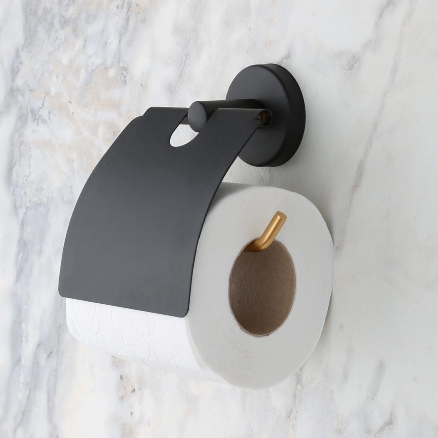 May Bathroom Adhesive Gold Lid Toilet Paper Holder, Black (YM2-109)
