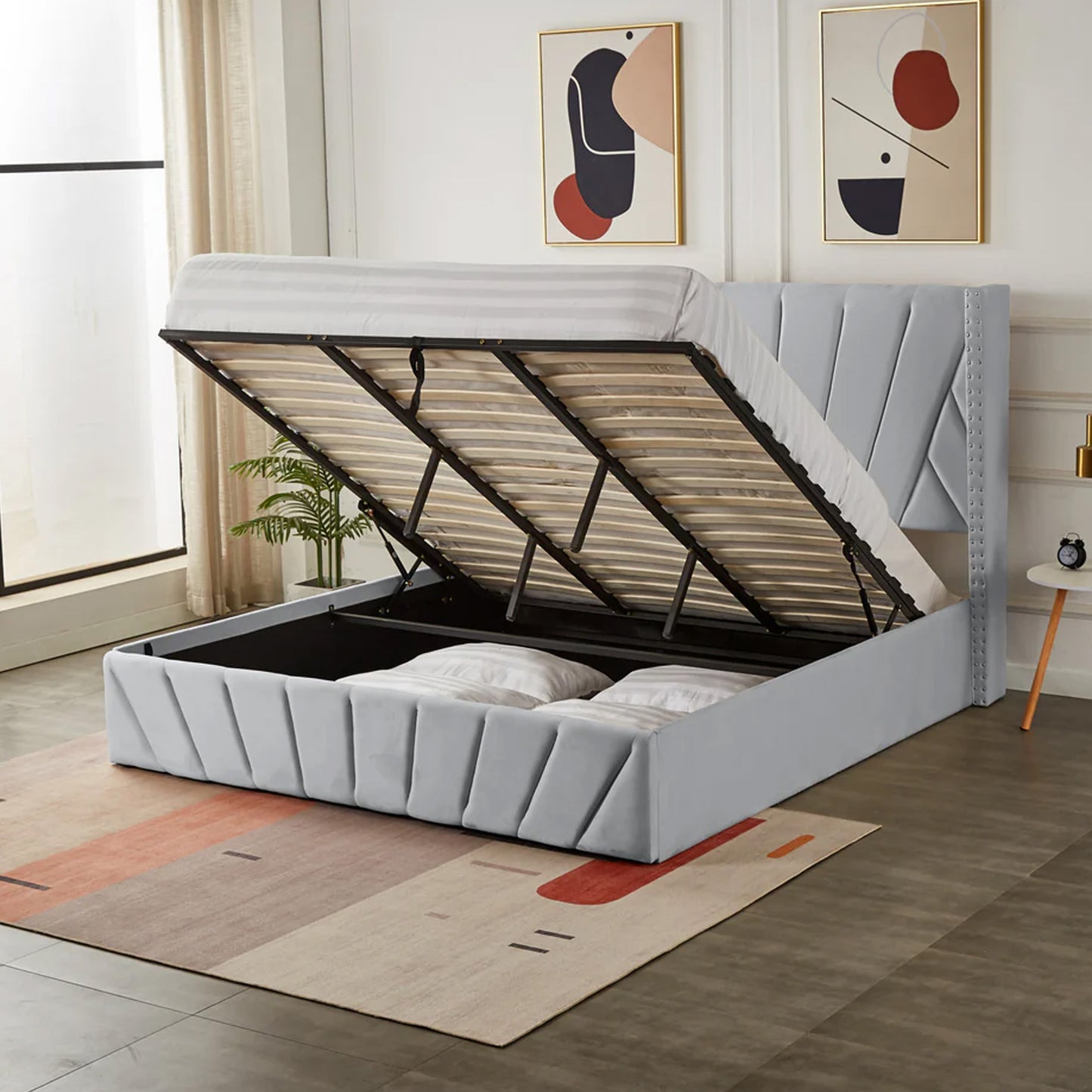 Queen Size velvet fabric Storage Bed- Light Grey (152*190)