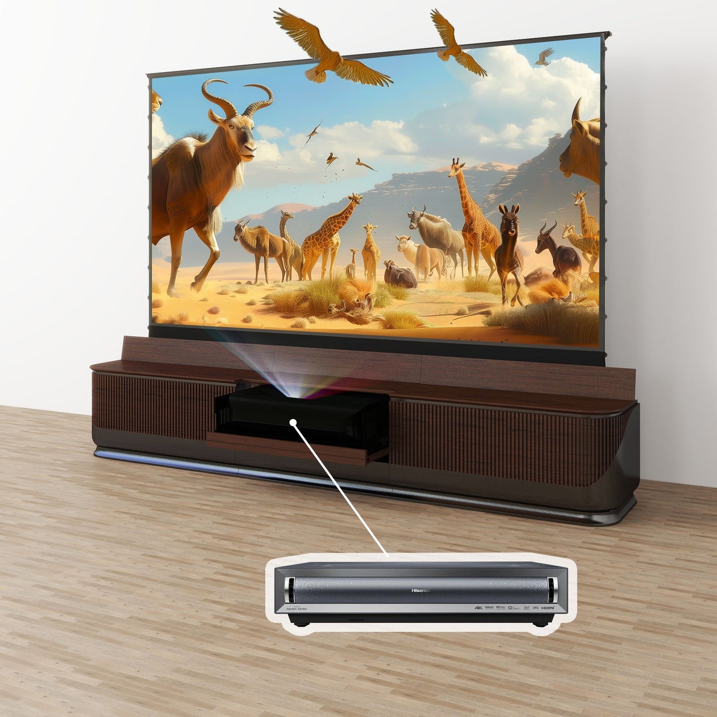 VIVIDSTORM Bundle-Projector&Screen&2024 New Fully Concealed Premium Motorized Laser TV Cabinet DUNE-Limited Edition