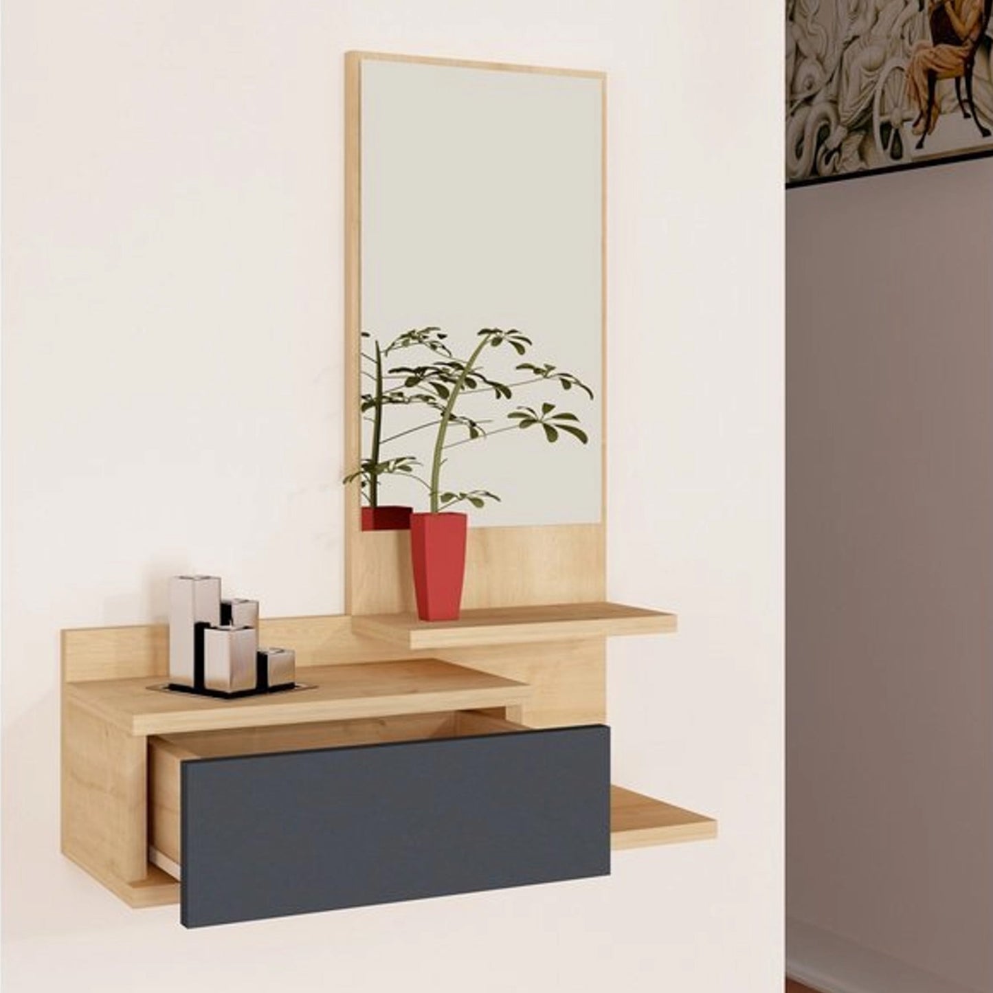 Arnetti Rozella Wall Mounted Mirror Dresser with Drawers, Sapphire Oak Anthracite (TT3-353)