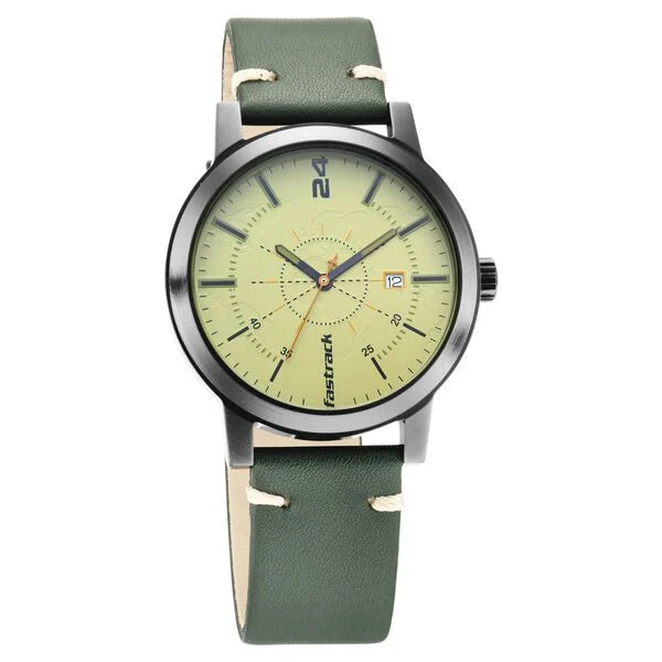 Fastrack Tripster Quartz Analog Green Dial Leather Strap Watch for Guys