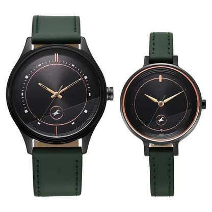 Fastrack Mixmatched Quartz Analog Black Dial Green Leather Strap Watch For Couple