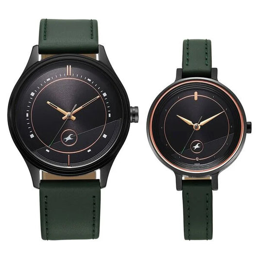 Fastrack Mixmatched Quartz Analog Black Dial Green Leather Strap Watch For Couple