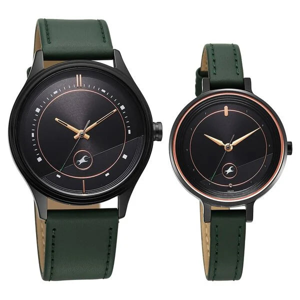 Fastrack Mixmatched Quartz Analog Black Dial Green Leather Strap Watch For Couple