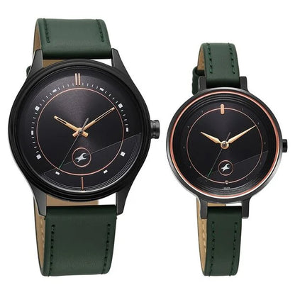 Fastrack Mixmatched Quartz Analog Black Dial Green Leather Strap Watch For Couple
