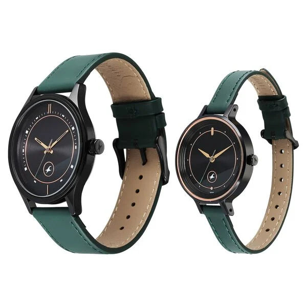 Fastrack Mixmatched Quartz Analog Black Dial Green Leather Strap Watch For Couple