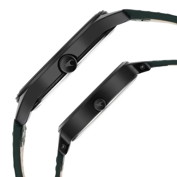 Fastrack Mixmatched Quartz Analog Black Dial Green Leather Strap Watch For Couple