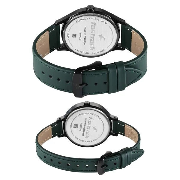 Fastrack Mixmatched Quartz Analog Black Dial Green Leather Strap Watch For Couple