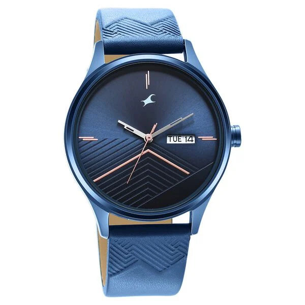 Fastrack Style Up Quartz Analog with Day and Date Blue Dial Leather Strap Watch for Guys