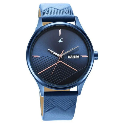 Fastrack Style Up Quartz Analog with Day and Date Blue Dial Leather Strap Watch for Guys