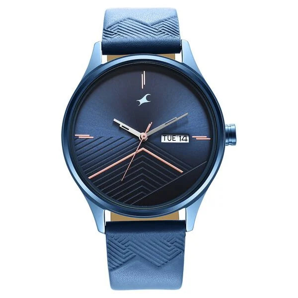 Fastrack Style Up Quartz Analog with Day and Date Blue Dial Leather Strap Watch for Guys