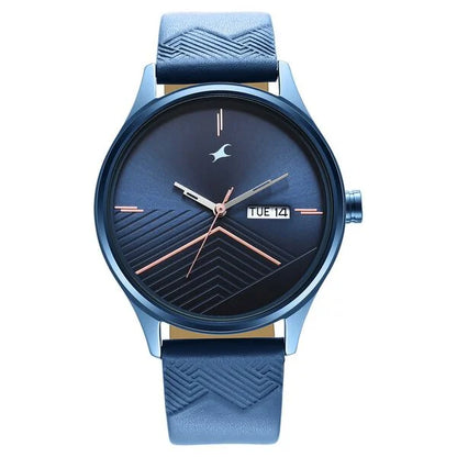 Fastrack Style Up Quartz Analog with Day and Date Blue Dial Leather Strap Watch for Guys