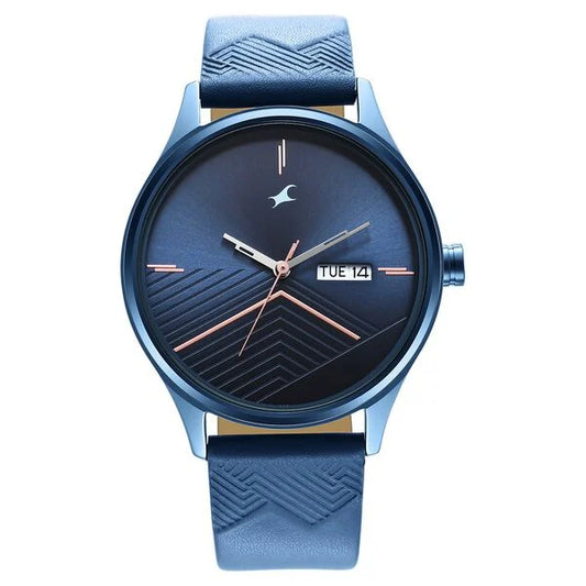 Fastrack Style Up Quartz Analog with Day and Date Blue Dial Leather Strap Watch for Guys