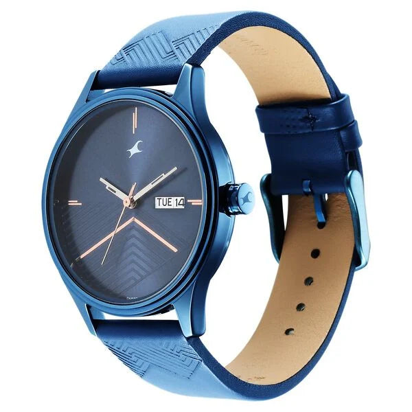 Fastrack Style Up Quartz Analog with Day and Date Blue Dial Leather Strap Watch for Guys