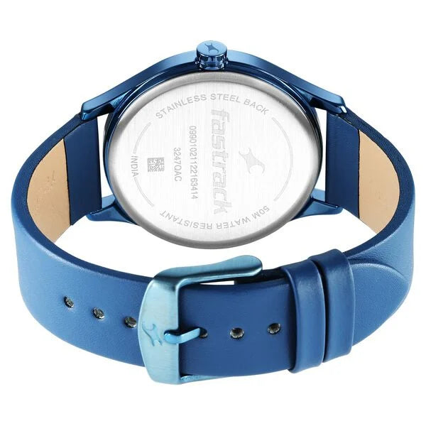 Fastrack Style Up Quartz Analog with Day and Date Blue Dial Leather Strap Watch for Guys