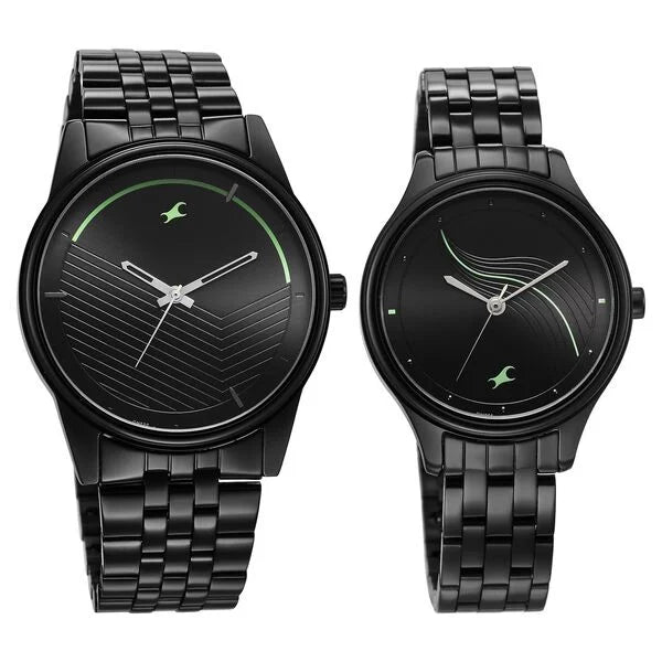Fastrack Mixmatched Quartz Analog Black Dial Black Stainless Steel Strap Watch for Couple