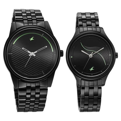 Fastrack Mixmatched Quartz Analog Black Dial Black Stainless Steel Strap Watch for Couple