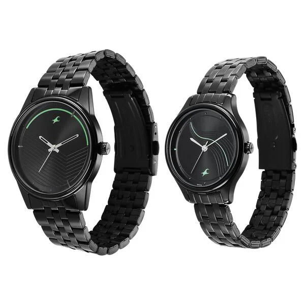 Fastrack Mixmatched Quartz Analog Black Dial Black Stainless Steel Strap Watch for Couple