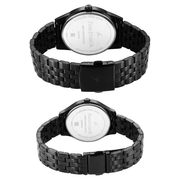 Fastrack Mixmatched Quartz Analog Black Dial Black Stainless Steel Strap Watch for Couple