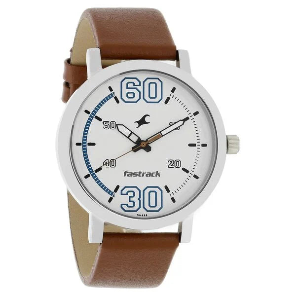 Fastrack Fundamentals Quartz Analog White Dial Leather Strap Watch for Guys