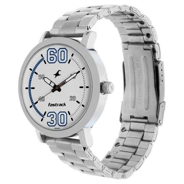 Fastrack Fundamentals Quartz Analog White Dial Stainless Steel Strap Watch for Guys