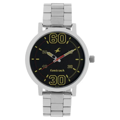 Fastrack Fundamentals Quartz Analog Black Dial Stainless Steel Strap Watch for Guys