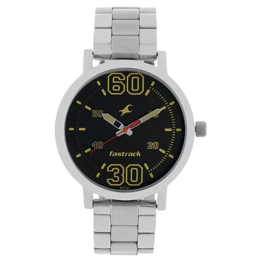 Fastrack Fundamentals Quartz Analog Black Dial Stainless Steel Strap Watch for Guys