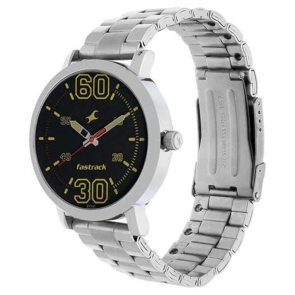 Fastrack Fundamentals Quartz Analog Black Dial Stainless Steel Strap Watch for Guys