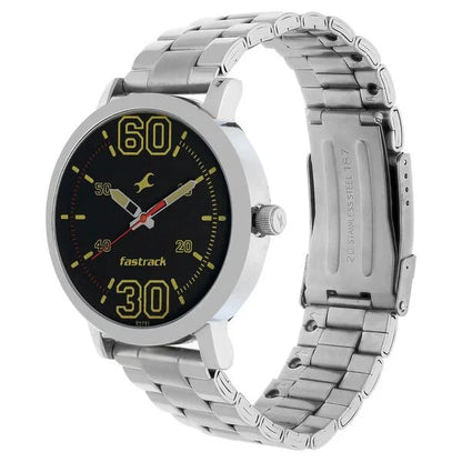 Fastrack Fundamentals Quartz Analog Black Dial Stainless Steel Strap Watch for Guys