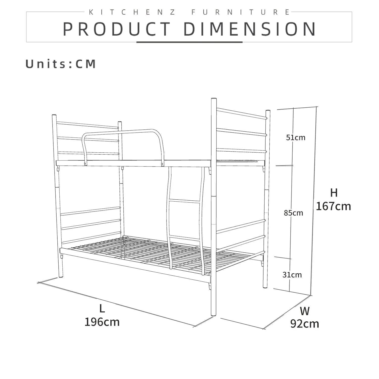 6.4FT Double Decker Single Metal Bed Frame / White Colour - Thebrands