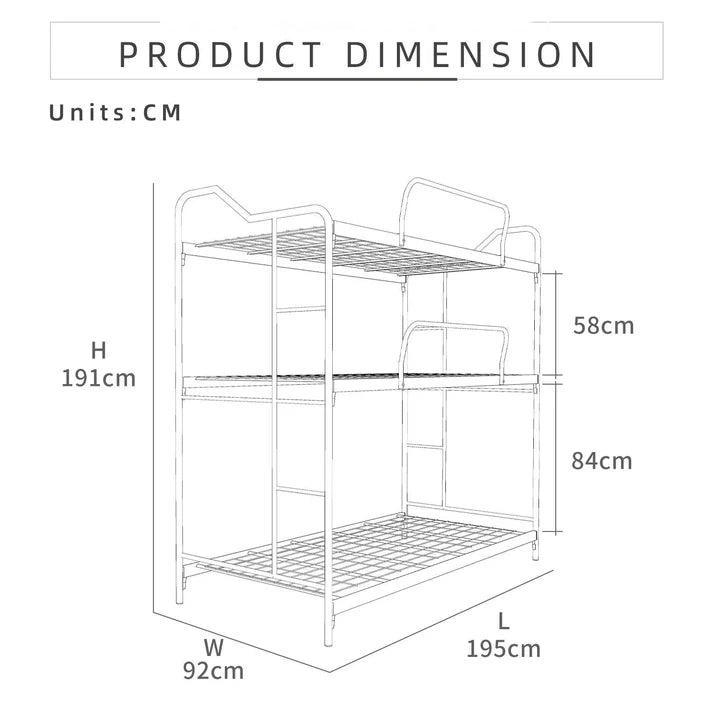 6.3FT 3Decker Bed Frame / Single / White Colour