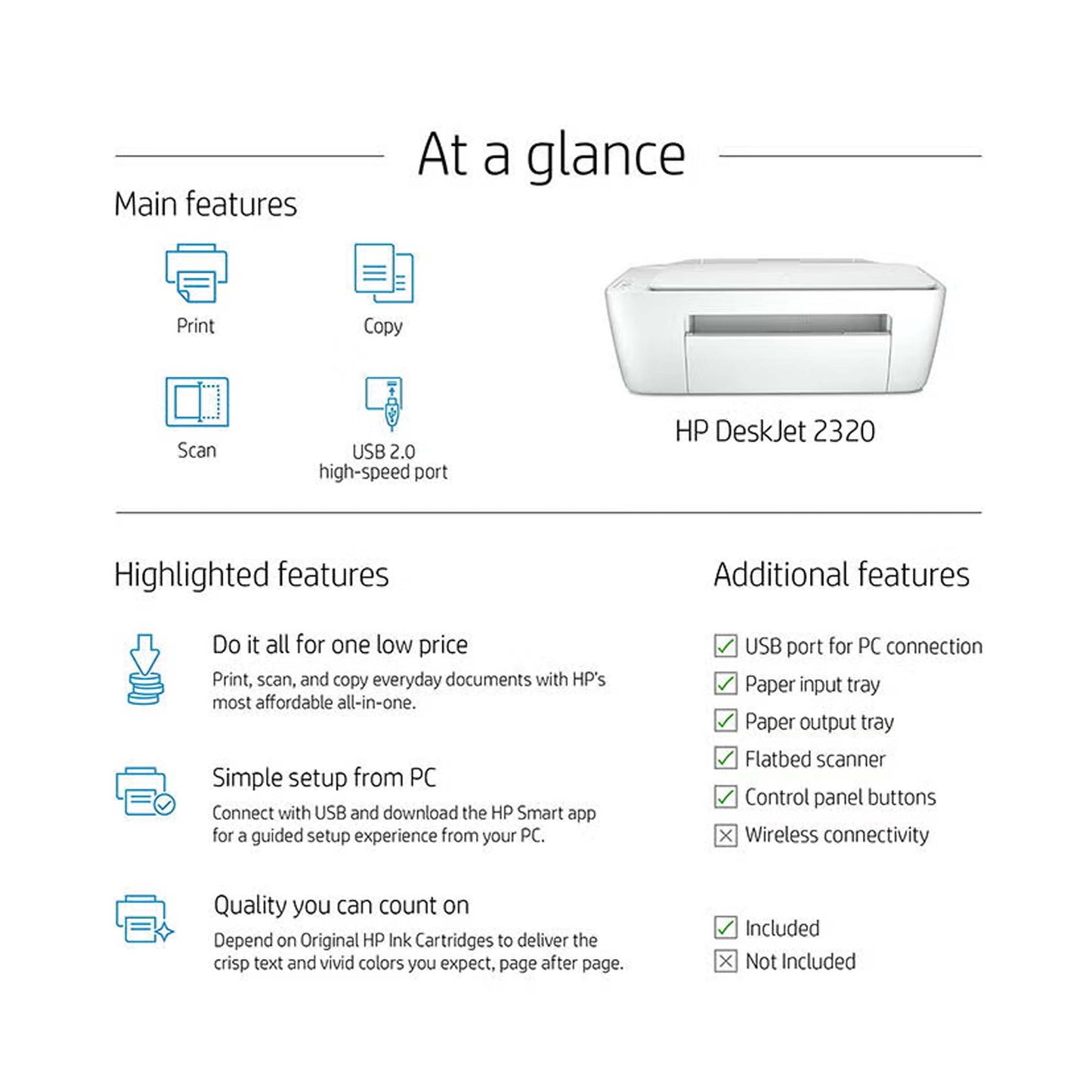 Deskjet 2320 All-In-One Printer And Usb Plug, Compact Printer To Print, Scan And Copy - 7WN42B White