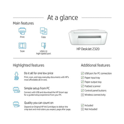 Deskjet 2320 All-In-One Printer And Usb Plug, Compact Printer To Print, Scan And Copy - 7WN42B White