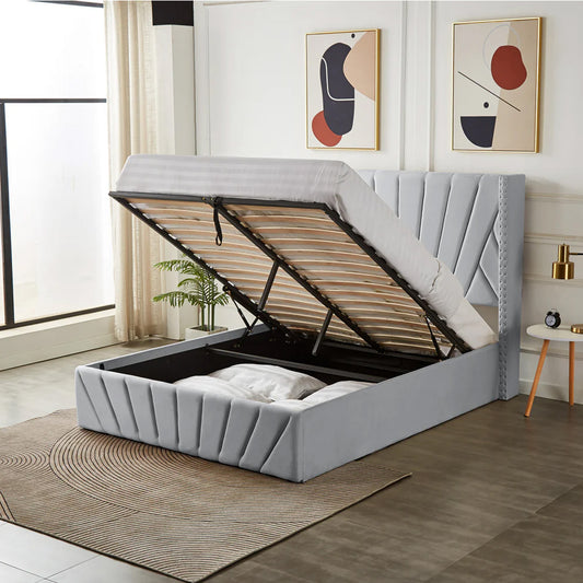 Queen Size velvet fabric Storage Bed- Light Grey (152*190)