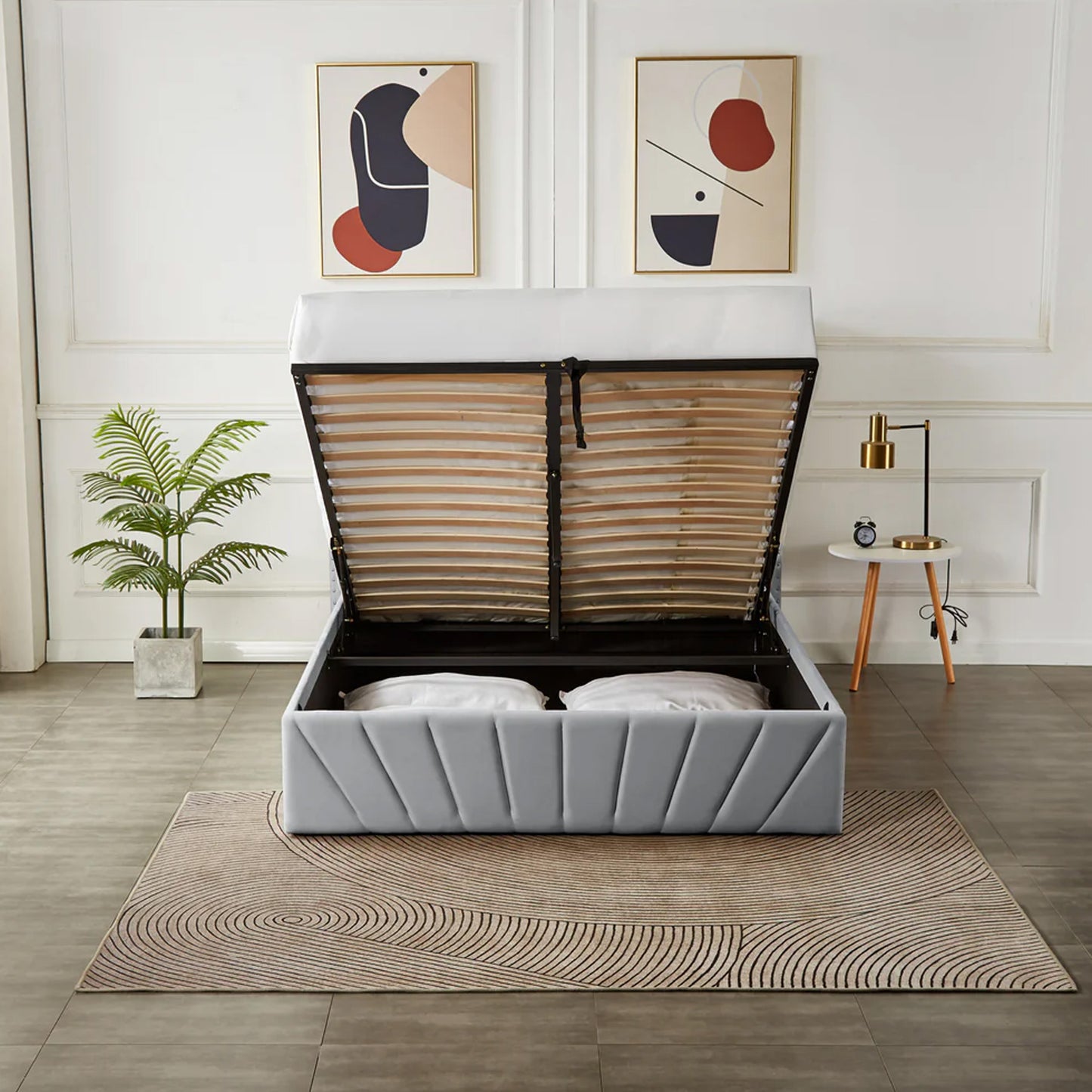 Queen Size velvet fabric Storage Bed- Light Grey (152*190)