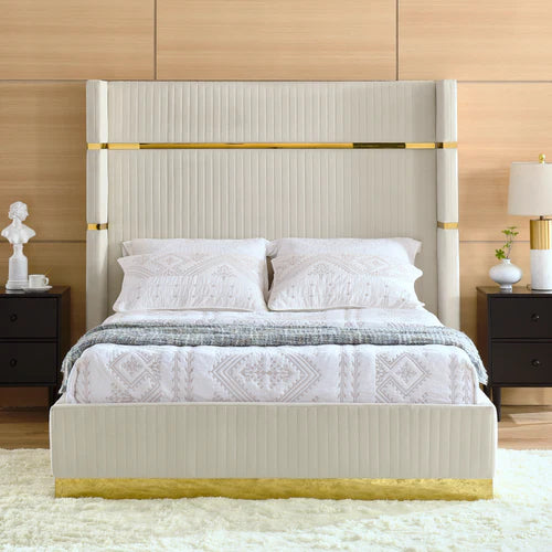 Queen Size velvet fabric Bed- Cream (152*190) P110
