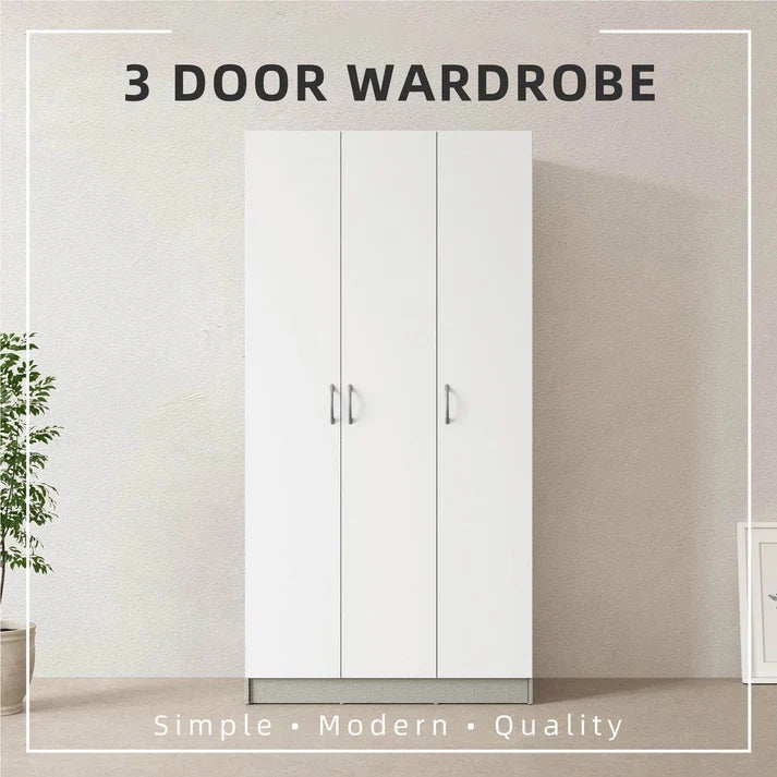 3 Door Wardrobe  (179cm)/ White Colour (L90cm x W42cm x H179cm)