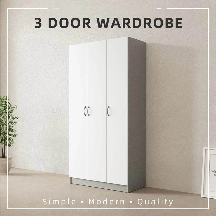 3 Door Wardrobe  (179cm)/ White Colour (L90cm x W42cm x H179cm)