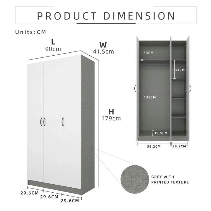 3 Door Wardrobe  (179cm)/ White Colour (L90cm x W42cm x H179cm)